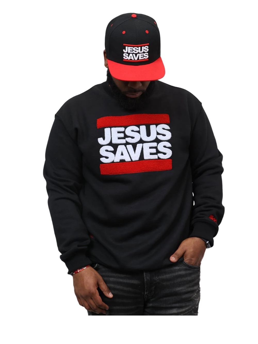HOLY ONE Jesus Saves Black Sweatshirt with Red White Logo Faith Mens XXL